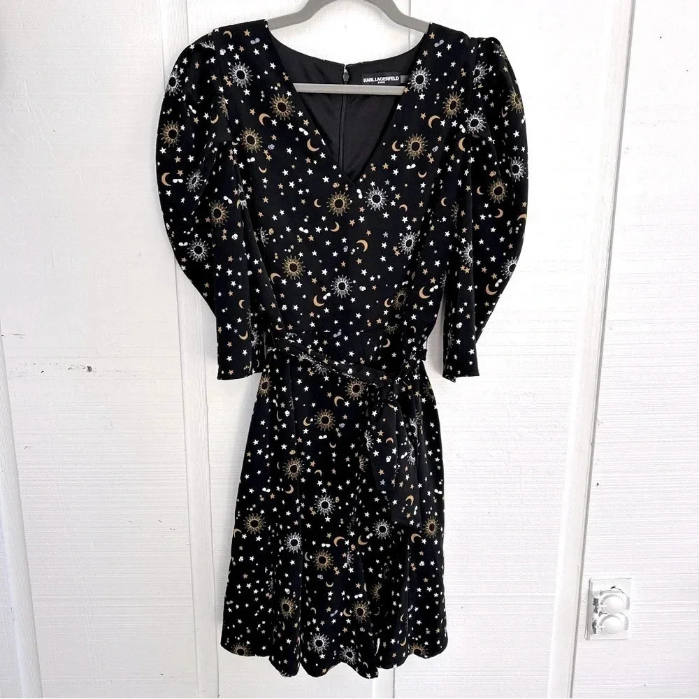 KARL LAGERFELD Stevie Knicks Style Whimsigoth Celestial Print LS Mini Dress | 10